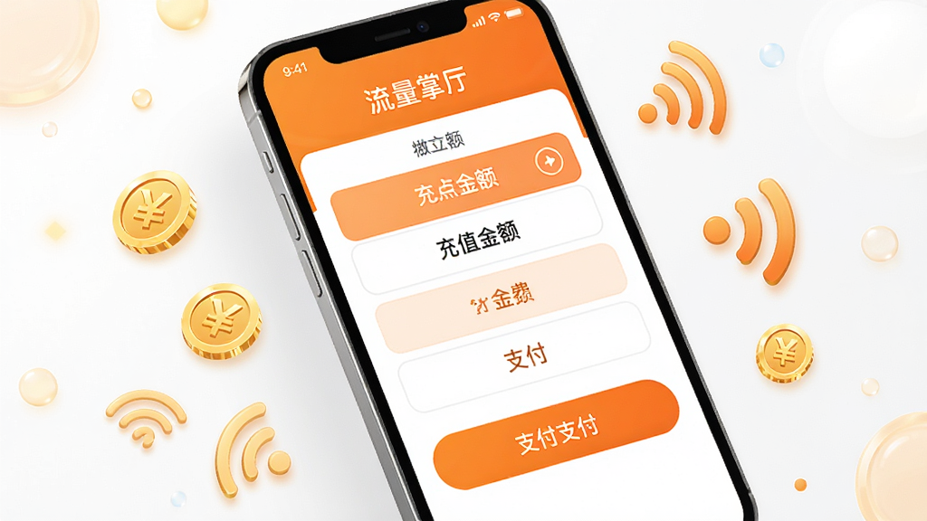 流量掌厅APP充值缴费界面,手机屏幕显示充值金额选项和支付按钮,周围有金币和信号图标装饰,风格清爽明亮,色彩以橙色和白色为主,布局简洁,画质高清,干净无多余元素