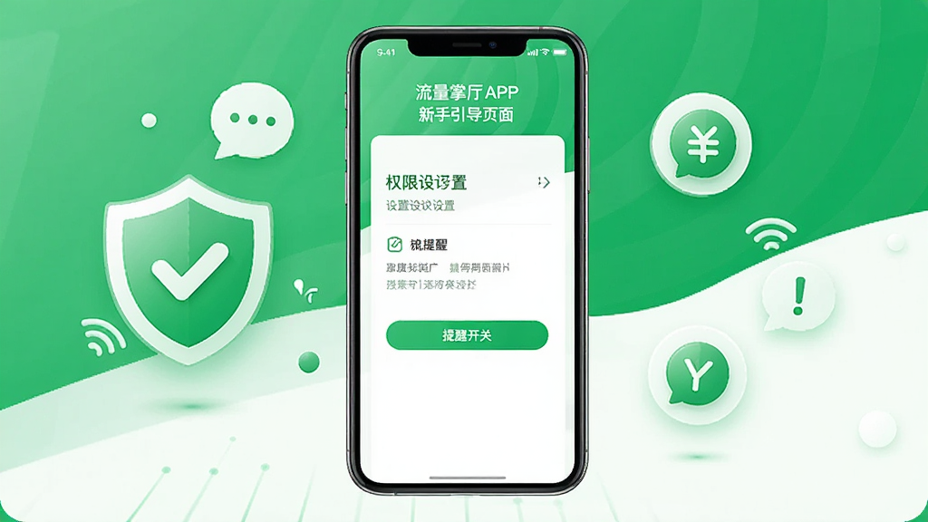 流量掌厅APP新手引导页面,手机屏幕显示权限设置和提醒开关界面,周围有盾牌和提示图标,风格安全可靠,色彩以绿色和白色为主,布局清晰,画质高清,干净无多余元素