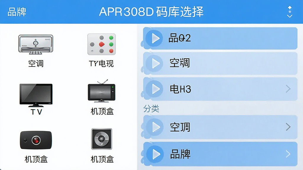 一张红外遥控APP的码库选择界面截图,界面中显示品牌列表和电器类型分类,左侧是空调、电视、机顶盒等图标,右侧是品牌名称列表,界面风格简洁清新,蓝色主色调,文字清晰可读,画质高清,干净无多余元素