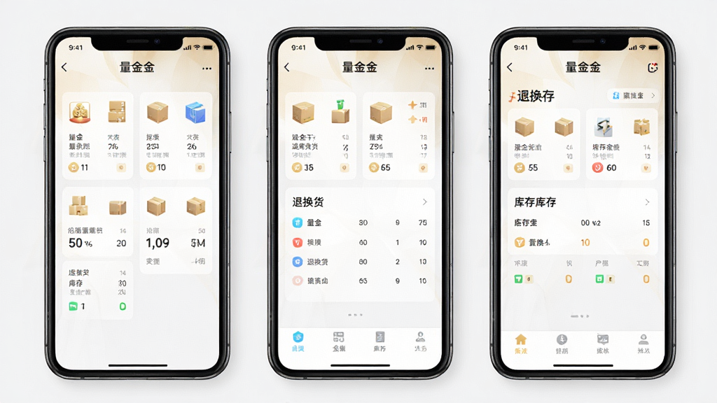 一张展示“量金金”软件在手机中运行的多界面组合图,画面主体为三部手机并排展示盘点、退换货、库存三个功能页面,布局采用横向排列,风格为清爽素雅商务风,细节包括手机边框、界面图标、数据卡片,画质清晰干净,无多余元素,屏幕中文字标注“量金金”
