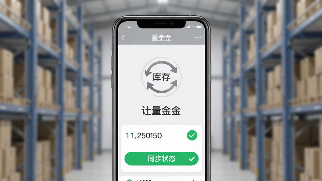 一张展示“量金金”软件库存同步功能的图片,画面主体为手机屏幕显示库存数量与同步状态,布局采用中心对称构图,风格为浅灰质感商务风,细节包括同步旋转图标、库存数字、绿色对勾标记,画质清晰干净,无多余元素,屏幕中文字标注“量金金”