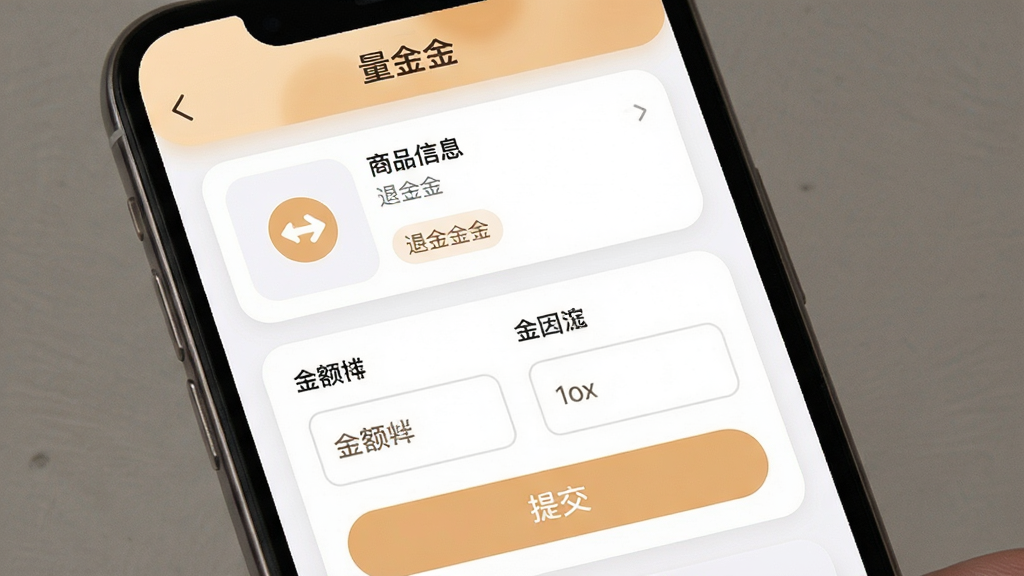 一张展示“量金金”软件退换货管理界面的图片,画面主体为手机屏幕中的退货单填写页面,布局采用上下结构,上方为商品信息下方为金额与原因选项,风格为柔和圆角卡片风,细节包括退货箭头图标、金额输入框、提交按钮,画质清晰干净,无多余元素,屏幕中文字标注“量金金”