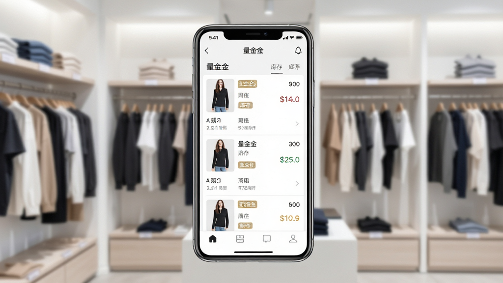 一张展示手机屏幕中服装零售管理软件界面的图片,画面中央是一部竖屏智能手机,屏幕显示商品列表与库存数字,背景是整洁的服装店铺货架,布局采用居中构图,风格为现代简约科技风,细节包括商品缩略图、库存标签、底部导航栏,画质清晰干净,无多余元素,屏幕中文字标注“量金金”