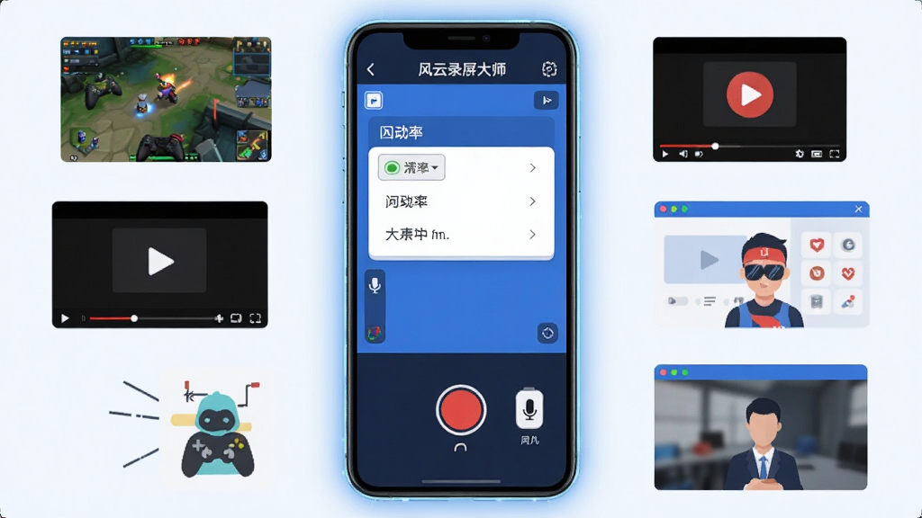 一张展示智能手机屏幕录制场景的图片,画面中央是一部竖屏手机,手机屏幕上显示着风云录屏大师的录制界面,界面中包含红色录制按钮、分辨率选择菜单和麦克风开关图标,手机周围环绕着游戏画面、视频播放窗口和会议界面等小图标,整体布局采用居中构图,风格为扁平化科技风,色彩以蓝白为主搭配红色点缀,细节上手机边缘有轻微光晕效果,画质清晰干净,无多余元素