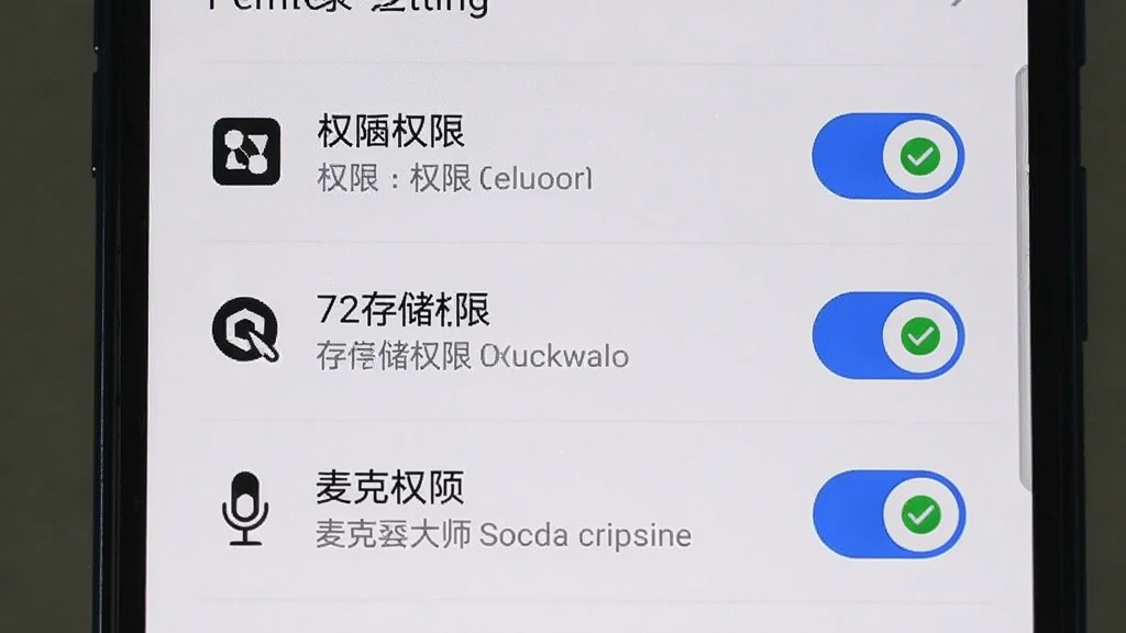 一部手机显示风云录屏大师的权限设置页面,页面上有悬浮窗权限、存储权限和麦克风权限三个开关选项,每个选项旁边有对应的图标说明,画面采用竖屏布局,风格为简洁实用风,色彩以白色背景和蓝色开关为主,细节上开关处于开启状态并带有绿色对勾标记,画质清晰干净,无多余元素