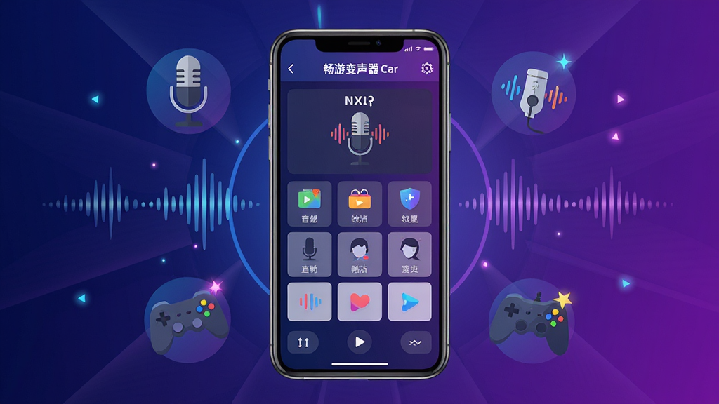 畅游变声器软件界面主视觉图,画面中央放置一部智能手机,手机屏幕显示畅游变声器的音效选择面板,周围环绕着麦克风、声波、游戏手柄等图标元素,整体采用深蓝与紫色渐变背景,科技感与娱乐感结合,布局居中对称,风格为扁平化UI设计,细节处有光效点缀,画质清晰,干净整洁,无多余元素