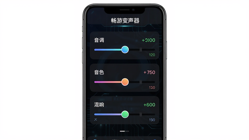 畅游变声器个性化参数调节界面图,画面中央为手机屏幕显示音调、音色、混响三个滑动条,滑动条上有彩色滑块,背景为深色科技风格,布局上下排列,风格现代简洁,细节处有数值显示,画质清晰,干净整洁,无多余元素,图中包含文字