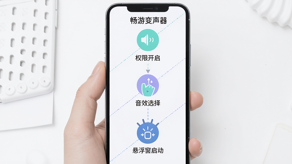 畅游变声器新手操作步骤示意图,画面为一部手机屏幕从上到下依次展示权限开启、音效选择、悬浮窗启动三个步骤,每个步骤配有图标和简短文字说明,背景为白色简洁风格,布局竖向排列,风格清新明快,细节清晰,画质干净,无多余元素,图中包含文字