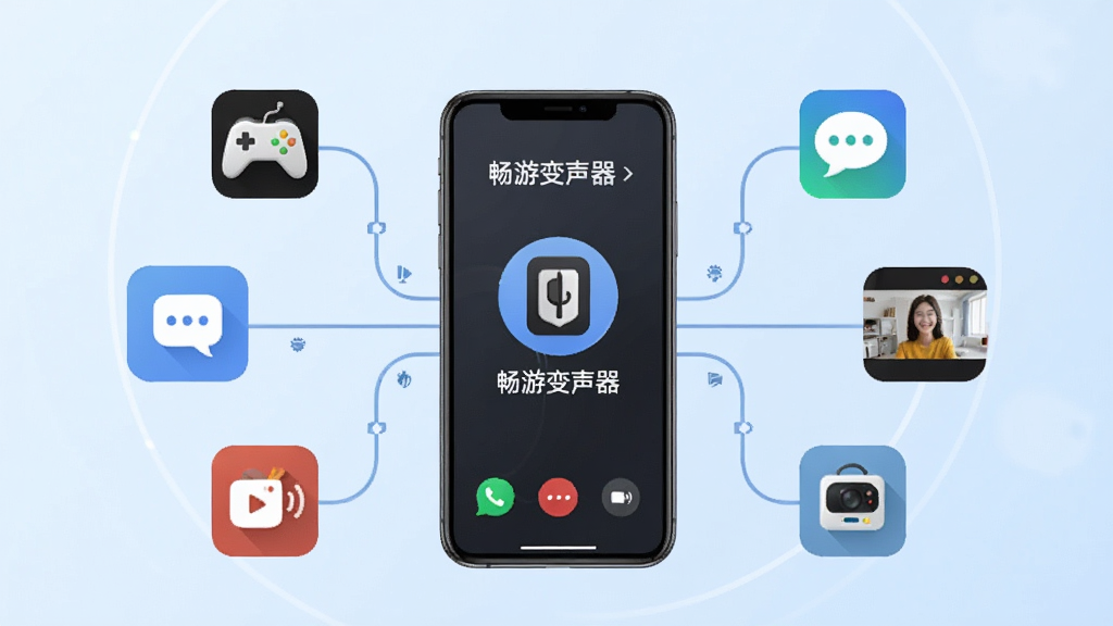 畅游变声器多场景兼容适配示意图,画面中一部手机连接多个应用图标,包括游戏手柄、聊天气泡、视频通话窗口等,手机屏幕显示畅游变声器正在运行,各应用图标之间有连线表示兼容,背景为浅蓝色渐变,布局以手机为中心呈放射状,风格简约商务,细节清晰,画质干净,无多余元素,图中包含文字