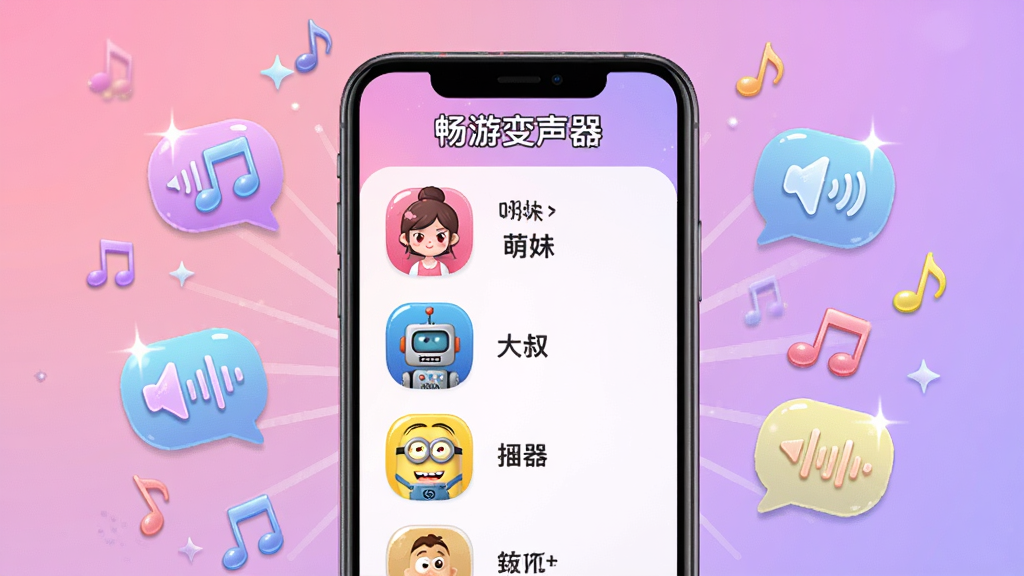 畅游变声器音效库展示图,画面中央为手机屏幕显示音效选择列表,列表项包括萌妹、大叔、机器人、小黄人等图标头像,周围漂浮着音符和声音气泡,背景为柔和的粉紫渐变,布局以手机为中心向四周发散,风格卡通活泼,细节处有高光效果,画质清晰,干净整洁,无多余元素,图中包含文字