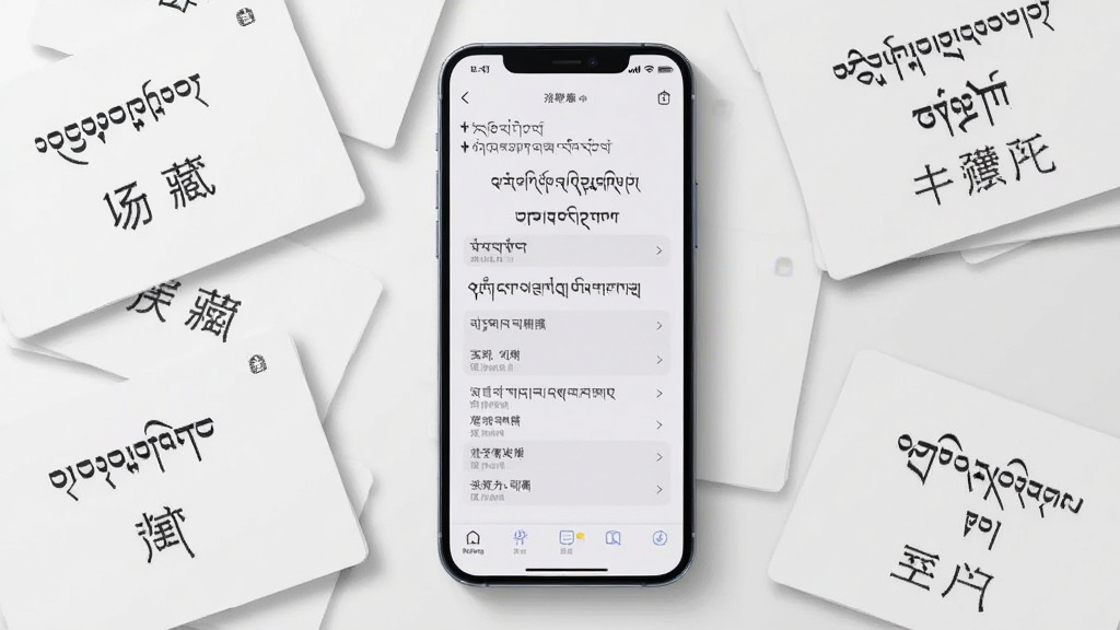 一部智能手机屏幕显示藏文和汉文对照的词典查询界面,手机旁边散落着几张写有藏文和汉字的卡片,布局为手机居中,卡片环绕,风格现代简约,细节包括手机屏幕上的文字清晰、卡片边缘有阴影,画质高清,干净,无多余元素
