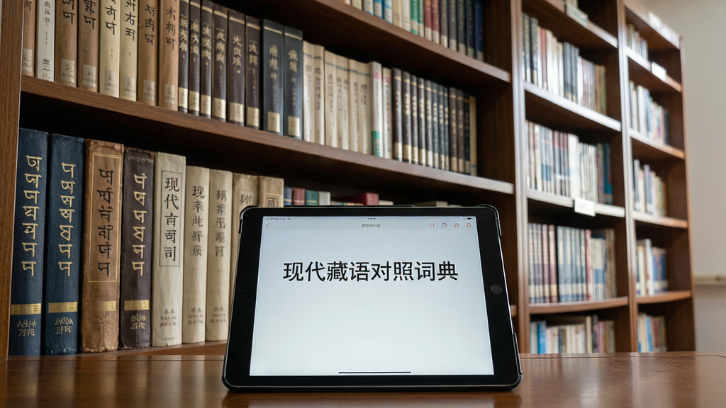 一个巨大的图书馆书架,书架上摆满了写着藏文和汉字的书籍,书架前有一台平板电脑显示着