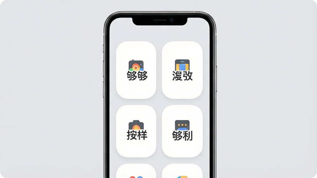 一张展示够力大字版主界面操作按钮的预览图,画面中央为手机屏幕,屏幕上排列着几个超大圆角按钮,按钮上写有清晰的中文标签,背景为柔和浅灰色,主体突出按钮与文字,布局简洁整齐,风格为极简UI展示风,细节包含大号图标、清晰文字、圆角设计,画质高清,干净,无多余元素