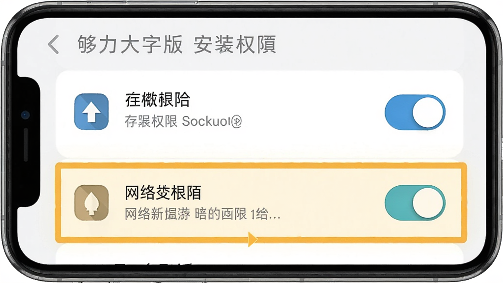 一张展示够力大字版安装权限设置界面的示意图,画面为手机屏幕显示权限管理列表,其中存储权限与网络权限被高亮标注,主体突出权限开关,布局为列表式,风格为教程演示风,细节包含权限图标、开关按钮、提示文字,画质高清,干净,无多余元素