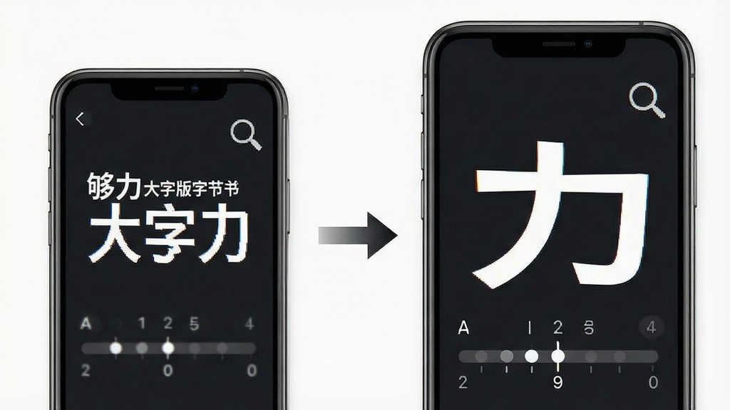 一张展示够力大字版字体调节功能的界面图,画面左侧为小字号显示效果,右侧为大字号显示效果,中间用箭头连接表示切换,主体为手机界面,布局左右对比,排版清晰,风格为功能演示风,细节包含放大镜图标、字号刻度条,画质高清,干净,无多余元素
