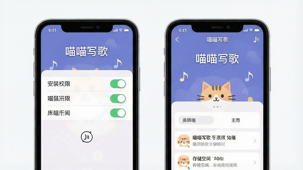 一张展示喵喵写歌使用指南的示意图,画面为手机屏幕截图风格,屏幕内显示安装权限设置界面和软件主界面并排,有“喵喵写歌”文字标识,风格为简洁扁平化,细节包括权限开关和存储空间提示,画质清晰,干净无多余元素