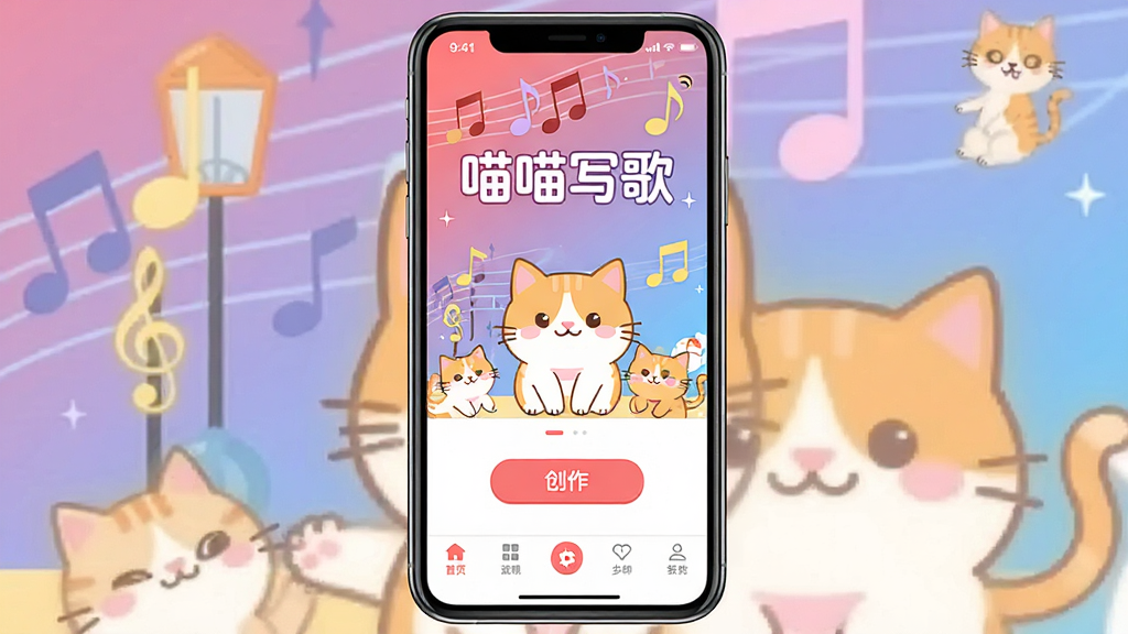 一张展示喵喵写歌软件主界面的预览图,画面中央是手机屏幕,屏幕内显示软件名称“喵喵写歌”,界面色彩明亮活泼,有音符和猫咪卡通元素点缀,布局简洁清晰,风格为扁平化UI设计,细节包括底部导航栏和创作按钮,画质清晰,干净无多余元素