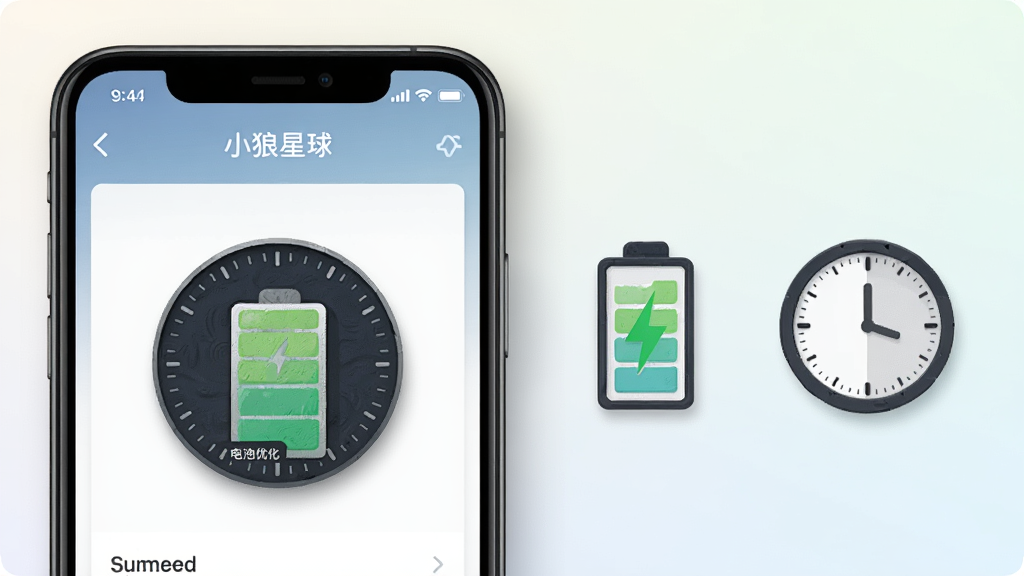 画面主体是一部手机显示“小狼星球”电池优化设置页面,旁边有一个电量图标和时钟图标,背景为浅色渐变,布局为左中右结构,排版简洁,风格为扁平化图标设计,细节包括电池图标纹理、时钟刻度、页面阴影,画质清晰,干净,无多余元素