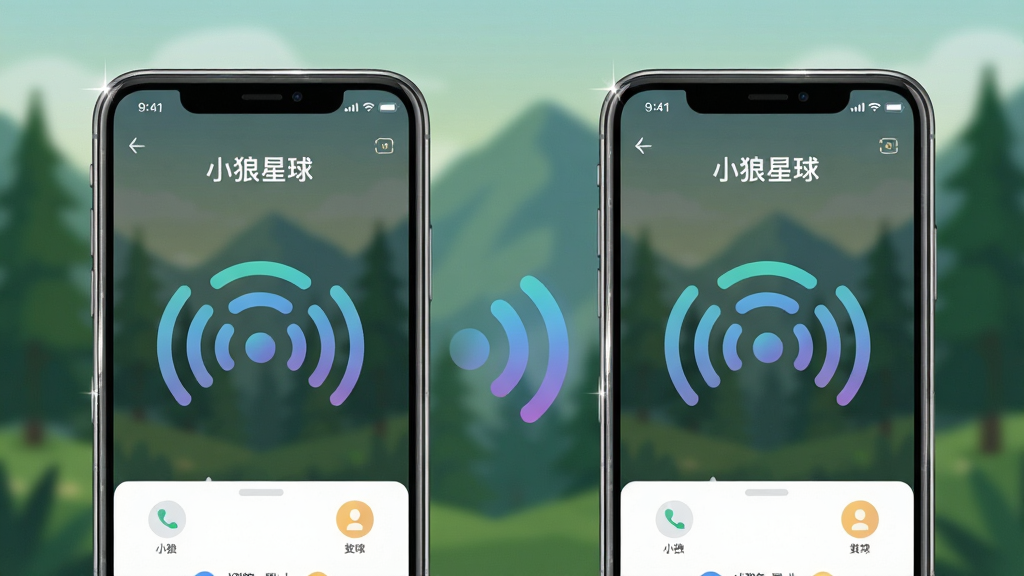 画面主体是两部智能手机并排摆放,屏幕均显示“小狼星球”对讲界面,中间用无线信号波纹图标连接,背景为户外山林虚化场景,布局为左右对称,排版居中,风格为扁平化科技插画风,细节包括信号波纹的渐变效果、手机边框高光、山林绿色调,画质清晰,干净,无多余元素