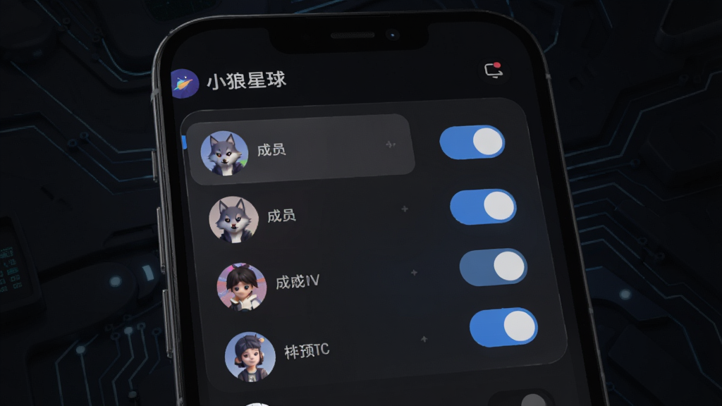 画面主体是手机屏幕显示“小狼星球”频道管理面板,面板中有成员列表和权限开关按钮,背景为深色科技风,布局为上下结构,排版整齐,风格为暗色UI设计,细节包括开关按钮的高光、成员头像圆角、面板磨砂质感,画质高清,干净,无多余元素