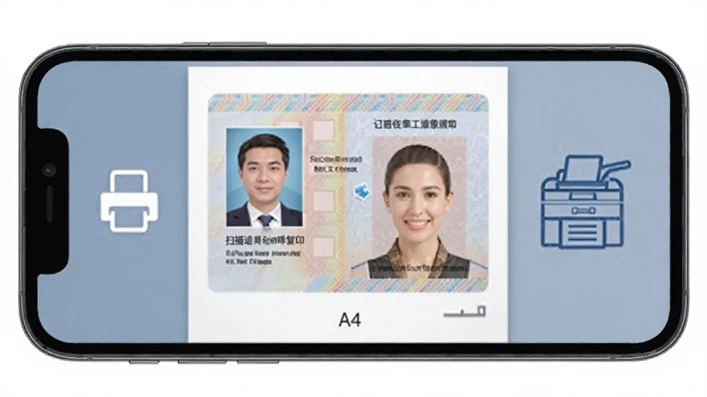手机屏幕显示身份证正反面被自动排版在同一张A4比例页面上,页面旁边有打印图标和复印机轮廓,整体为简约商务风格,配色以蓝灰为主,布局规整,突出证件扫描复印功能,画质清晰干净