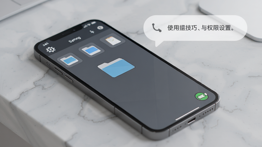 一部手机放置在桌面上,屏幕显示扫描应用的文件管理界面,旁边有齿轮设置图标和电池图标,背景有淡淡的提示气泡,整体为浅灰质感风格,布局清晰,突出使用技巧与权限设置主题,画质干净