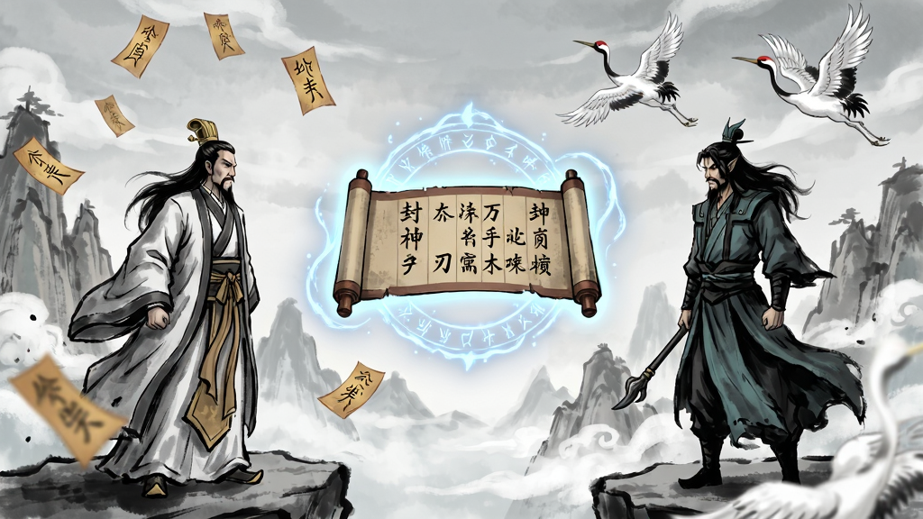 封神之刃剧情过场动画截图,画面中姜子牙与申公豹在昆仑山巅对峙,主体为两人中间悬浮着封神榜卷轴,布局为对称式,排版突出中央卷轴,风格为水墨国风,细节包括飘落的符、发光的法术纹路、背景的仙鹤与云海,画质清晰,干净,无多余元素