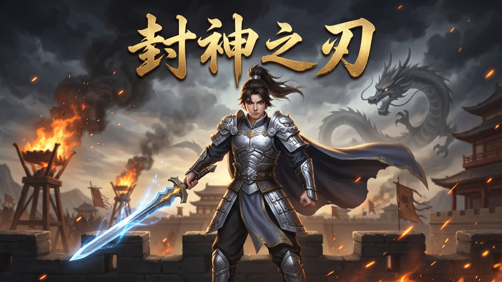 封神之刃游戏主界面,主体为一位身穿银甲的少年侠客手持发光长剑站在朝歌城楼之上,背景是燃烧的烽火与翻滚的乌云,布局采用居中构图突出人物,顶部用金色书法字体写“封神之刃”四个字,风格为国风玄幻CG,细节包括飘动的披风、飞溅的火星、远处的龙形虚影,画质高清,干净,无多余元素