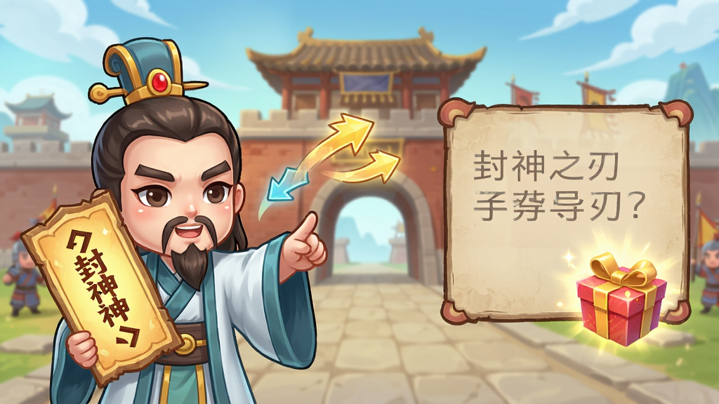 封神之刃新手引导界面,主体为一位Q版姜子牙举着封神榜向玩家指示方向,布局为左右分栏,左侧为姜子牙右侧为文字提示框,风格为卡通国风,细节包括飘动的任务箭头、发光的新手礼盒、背景的朝歌城门,画质清晰,干净,无多余元素