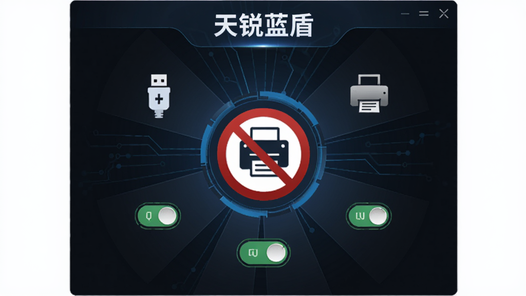 主体为天锐蓝盾外设管控界面,布局采用中心辐射式构图,排版上软件名称“天锐蓝盾”置于顶部中央,风格为深色科技风,细节包含USB图标、打印机图标、禁止符号、权限开关按钮,画质清晰干净无多余元素
