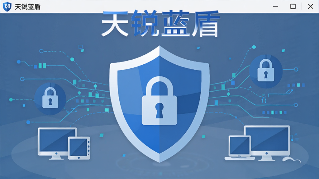 主体为天锐蓝盾软件界面与盾牌图标结合,布局采用居中构图,排版上软件名称“天锐蓝盾”置于画面上方,风格为科技感扁平化设计,细节包含数据流线条、锁形图标、终端设备轮廓,画质清晰干净无多余元素