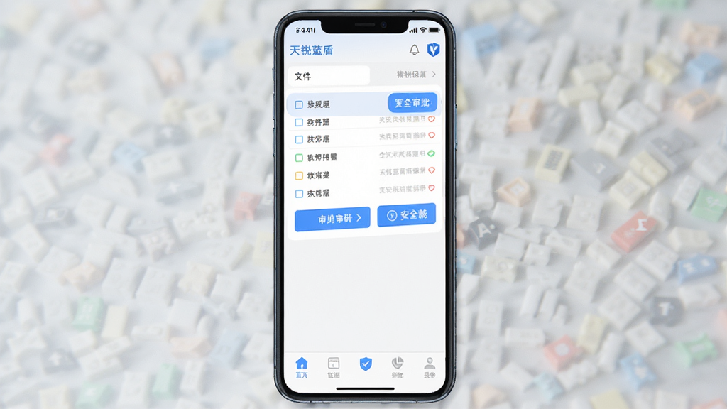 主体为天锐蓝盾移动端操作界面截图风格,布局采用手机竖屏展示,排版上软件名称“天锐蓝盾”显示在状态栏下方,风格为清爽浅色系,细节包含文件列表、审批按钮、安全标识、底部导航栏,画质清晰干净无多余元素