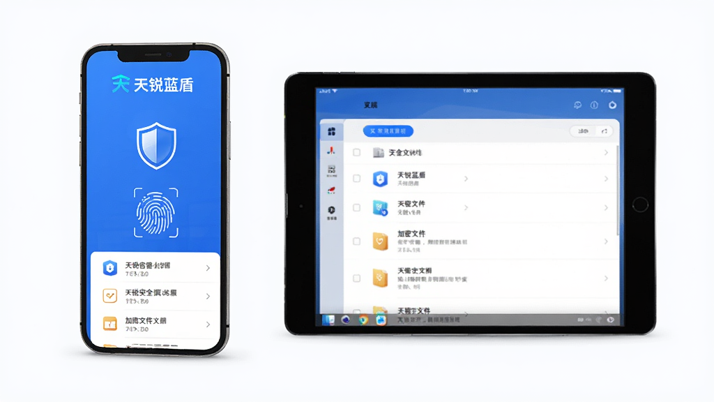 主体为天锐蓝盾移动端安全接入场景,布局左侧为手机界面右侧为平板界面,排版上软件名称“天锐蓝盾”显示在手机屏幕顶部,风格为现代简约风,细节包含安全容器图标、指纹识别、加密文件列表,画质清晰干净无多余元素