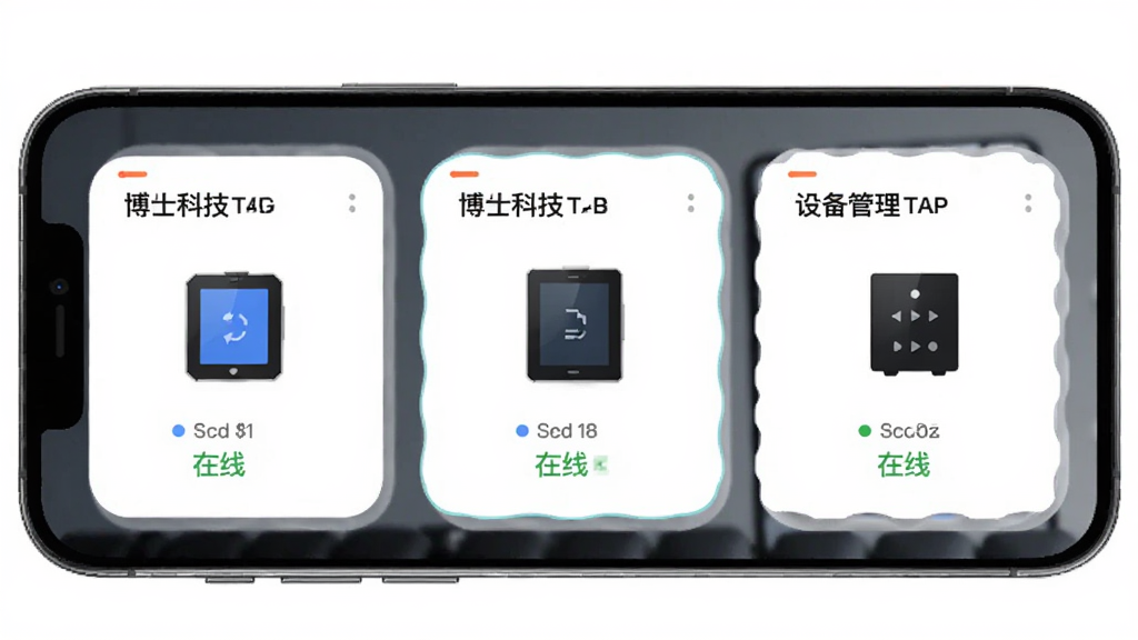 博仕科技APP多设备管理界面,手机屏幕展示三台不同设备的卡片式布局,每张卡片显示设备类型和在线状态,风格为柔和圆角卡片设计,画质高清干净