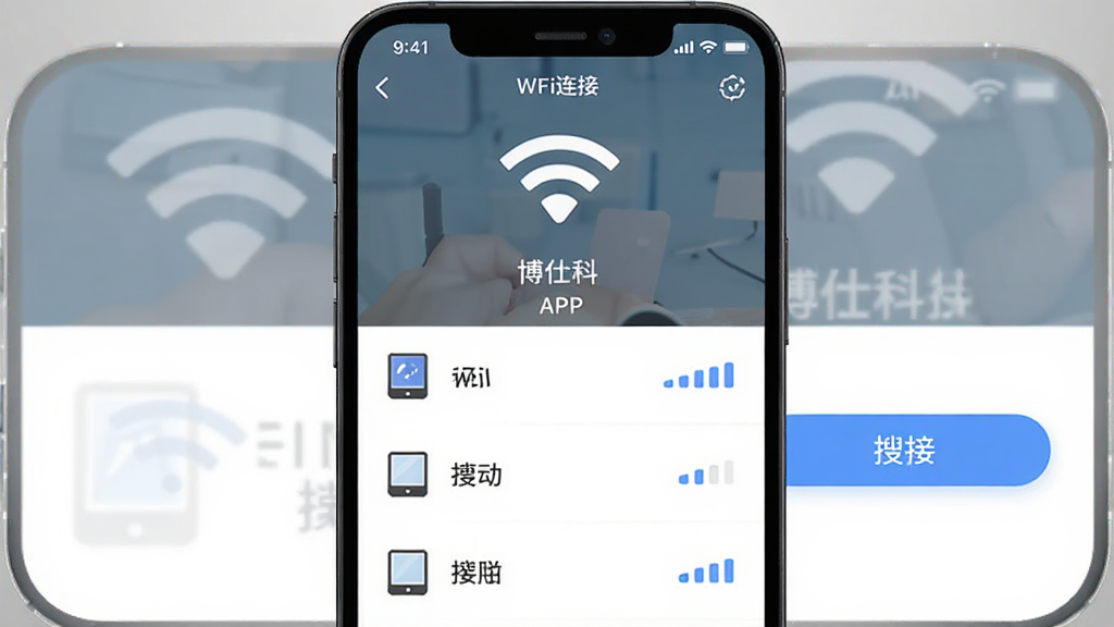 主体是博仕科技APP的WiFi连接界面,布局为手机屏幕居中展示搜索到的设备列表,排版为上下结构上方显示WiFi图标下方显示设备名称,风格为扁平化UI设计,细节包括蓝色连接按钮、信号强度指示条、设备图标,画质清晰干净,无多余元素