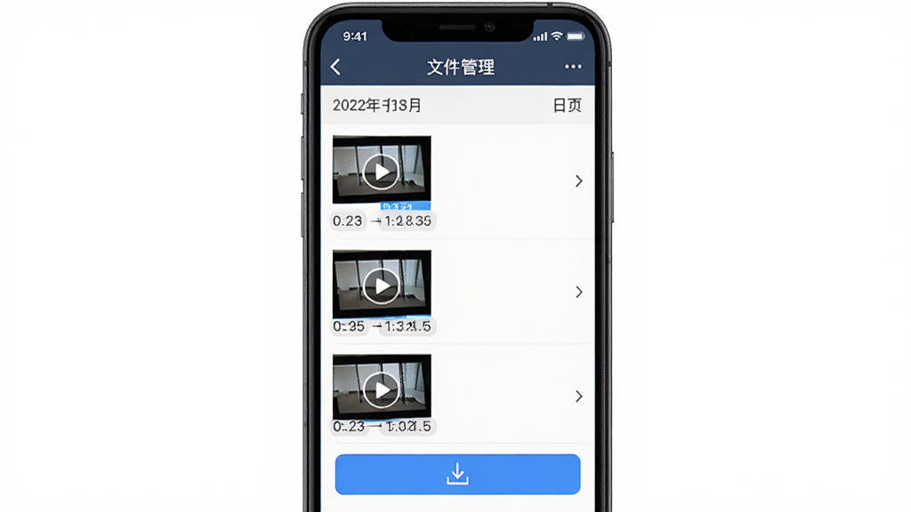 博仕科技APP文件管理界面截图,手机屏幕展示按日期排列的视频文件列表,每个文件带有缩略图和时间标签,底部有下载按钮,风格简洁商务,画质清晰