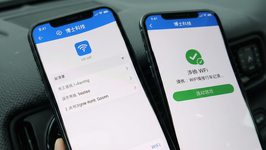 博仕科技APP安卓版手机连接行车记录仪WiFi的操作步骤界面,手机屏幕展示WiFi设置页面和APP连接成功提示,风格为写实截图风格,画质清晰,干净无多余元素