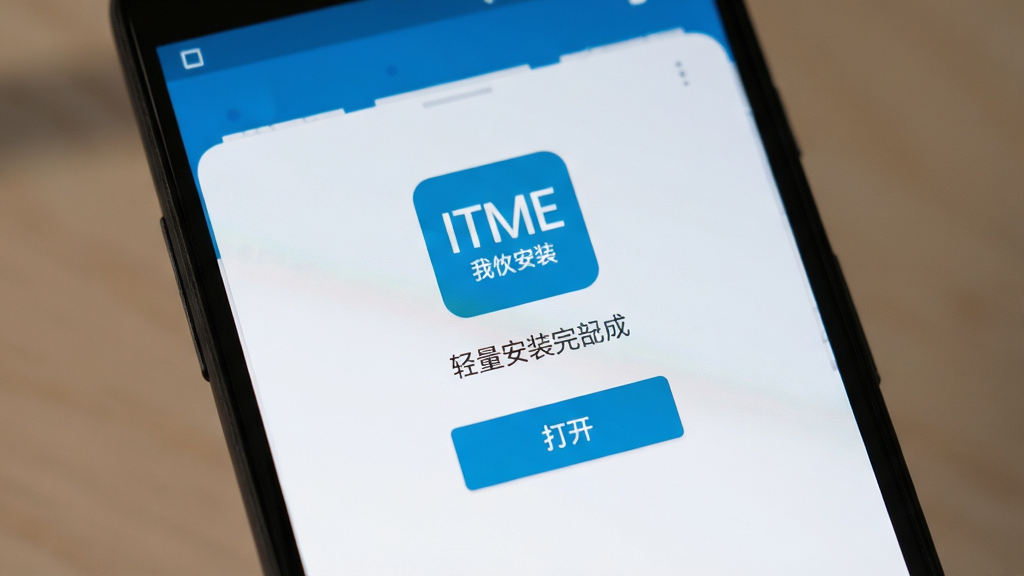 一部安卓手机屏幕上显示ITME安装完成界面,图标下方有“打开”按钮,背景为纯净桌面,光线柔和,画面干净,突出轻量快速的主题,画质清晰,无杂乱元素