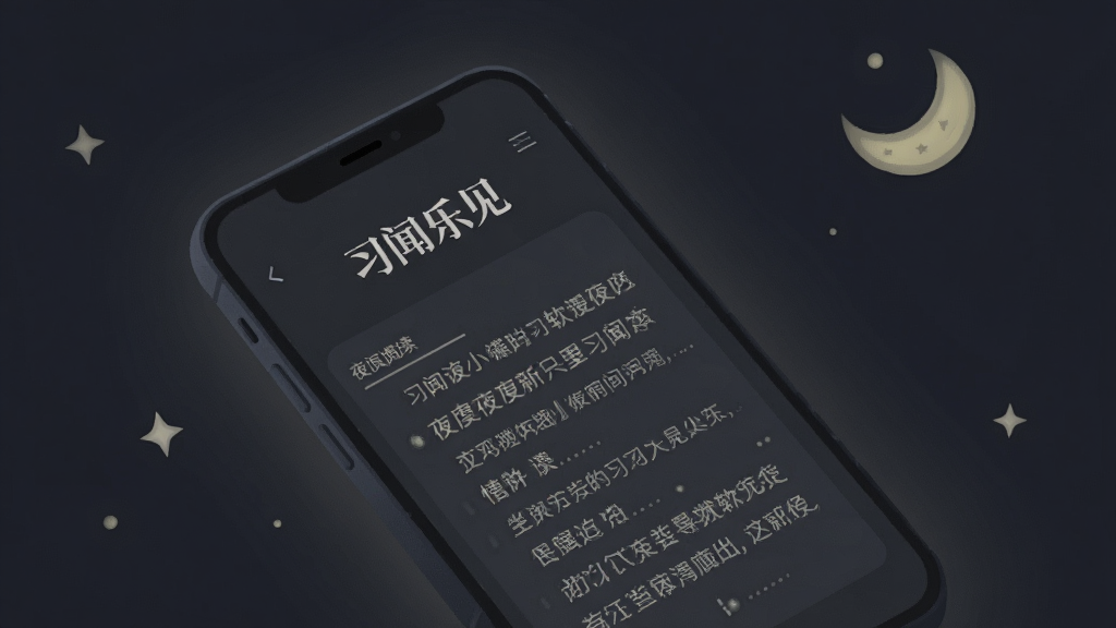 一个展示“习闻乐见”软件夜间模式的图片,画面是一部手机在黑暗环境中发出柔和的深色光芒,手机屏幕上显示着“习闻乐见”的夜间阅读界面,文字清晰,背景为深灰色,手机周围有淡淡的月亮和星星图案,营造安静舒适的夜间氛围,扁平插画风格,画质清晰,干净无多余元素