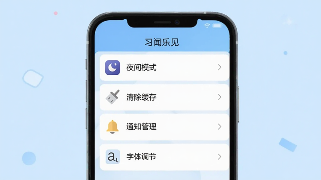 一张展示“习闻乐见”软件设置界面的图片,画面中央是手机屏幕,屏幕上显示着设置菜单,包括“夜间模式”“清除缓存”“通知管理”“字体调节”等选项,每个选项旁边有对应的图标,背景是柔和的浅蓝色,整体风格简洁明快,扁平化设计,画质清晰,干净无多余元素