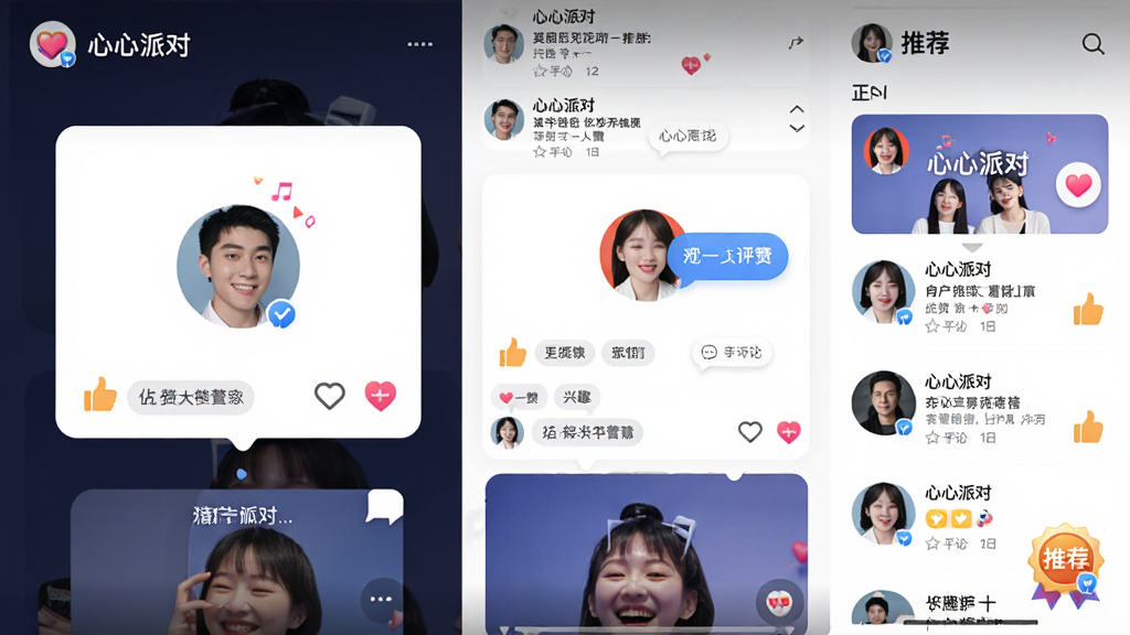主体是动态信息流卡片与用户头像匹配动画,布局为瀑布流加侧边推荐栏,排版呈现社交软件典型首页样式,风格为清新明亮的现代社交风,细节包含点赞手势、评论气泡、兴趣标签和推荐徽章,画面中文字标注“心心派对”,画质清晰干净无多余元素
