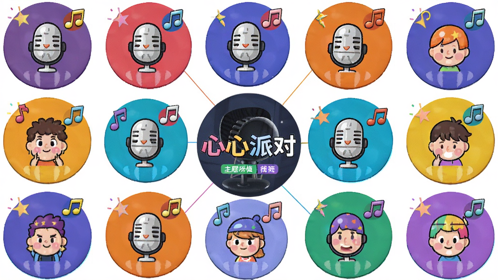 主体是多个圆形语音房间图标环绕排列,布局为中心发散式构图,排版呈现网格化频道列表,风格为卡通派对视觉,细节包含麦克风图标、彩色头像、主题标签和音符符号,画面中文字标注“心心派对”,画质清晰干净无多余元素