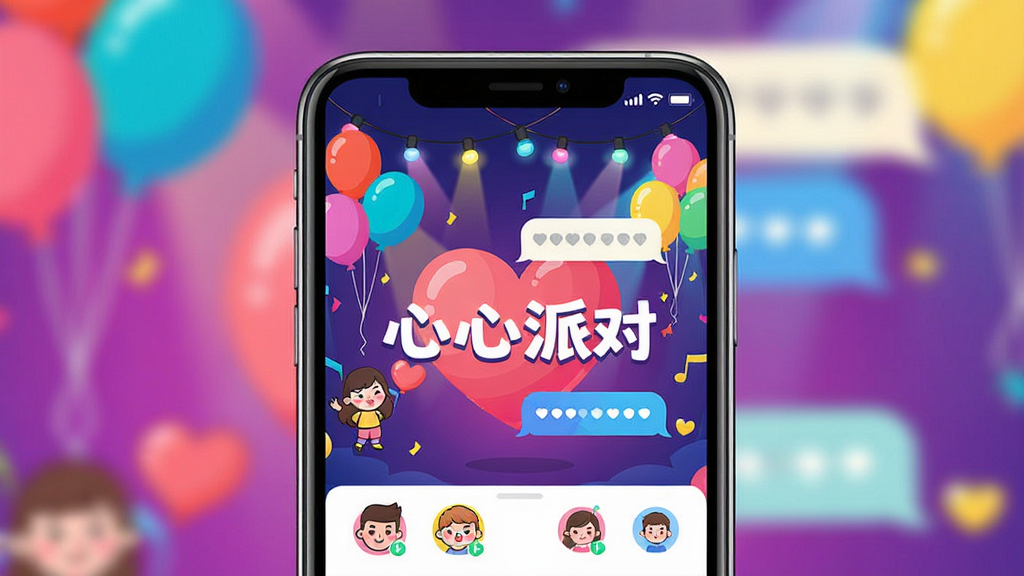 主体是一部智能手机屏幕中显示心心派对应用界面,布局为居中展示手机与界面细节,排版采用简洁的产品展示风格,风格为明亮活泼的社交派对氛围,细节包含彩色气球、聊天气泡、卡通头像和派对灯光元素,画面中文字标注“心心派对”,画质清晰干净无多余元素