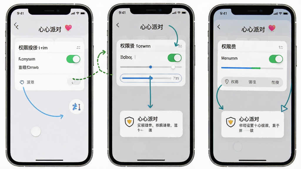 主体是手机屏幕展示权限设置与安装进度界面,布局为上下分步引导式排版,排版清晰标注每一步操作位置,风格为简洁实用的教程图示,细节包含权限开关、进度条、提示弹窗和手机边框,画面中文字标注“心心派对”,画质清晰干净无多余元素