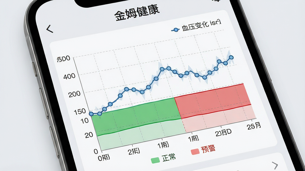 手机屏幕展示金姆健康app的趋势分析页面,页面中央是一条血压变化折线图,横轴为日期纵轴为数值,折线下方有绿色正常区域和红色预警区域标注,页面顶部有“金姆健康”文字标识,背景为淡灰色,风格为数据可视化仪表盘风格,细节包括网格线、数据点标记、图例说明,画质高清干净无多余元素