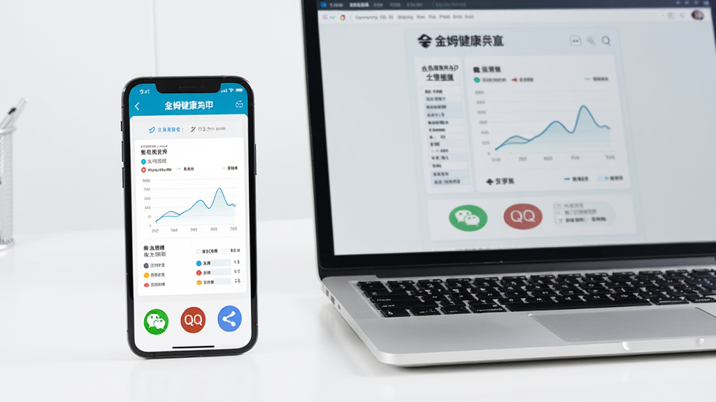 手机屏幕展示金姆健康app的健康报告分享页面,页面中央是一份带有图表和数据的报告预览,底部有微信、QQ等分享按钮,手机旁边有一台打开的笔记本电脑显示相同报告内容,背景为白色办公桌面,风格为商务简约风,细节包括报告表格、折线图、分享图标,画质高清干净无多余元素