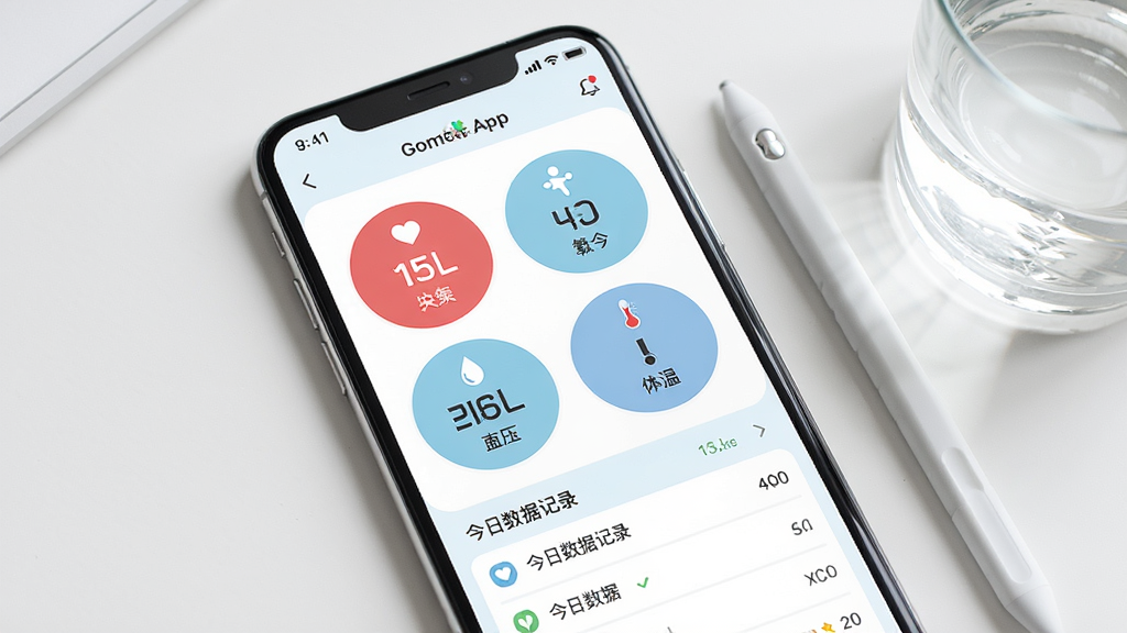 一部手机屏幕显示金姆健康app的多项健康数据仪表盘,界面中同时展示心率、血氧、血压、体温四个圆形数据卡片,每个卡片内有数值和单位,下方有今日数据记录列表,手机旁边放置一支触控笔和一杯水,背景为白色桌面,风格清新简约,细节包括扁平化图标、淡蓝色主色调、清晰数字字体,画质高清干净无多余元素