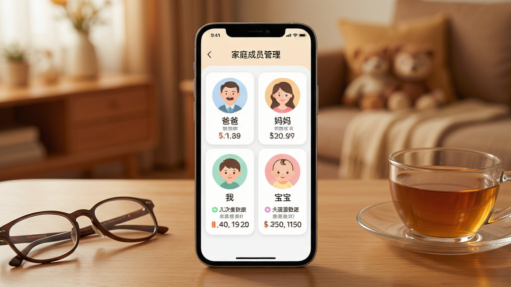 手机屏幕展示金姆健康app家庭成员管理界面,界面上排列着四个圆形头像分别标注“爸爸”“妈妈”“我”“宝宝”,每个头像下方有最近一次测量数据摘要,手机放置在木质桌面上,旁边有一副眼镜和一杯茶,背景为暖色调家居环境,风格温馨家庭风,细节包括圆角卡片、柔和配色、清晰文字标签,画质高清干净无多余元素
