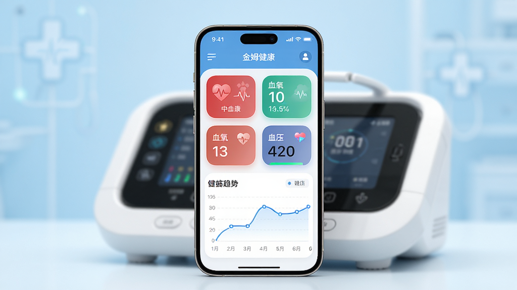 画面中央一部智能手机竖屏展示金姆健康app主界面,界面内包含心率、血氧、血压等健康数据卡片和趋势折线图,手机后方虚化展示一台白色金姆健康检测仪设备,背景为浅蓝色渐变医疗健康风格,整体布局简洁清晰,风格为现代科技医疗风,细节包括圆角图标、柔和阴影、数据可视化图表,画质高清干净无多余元素