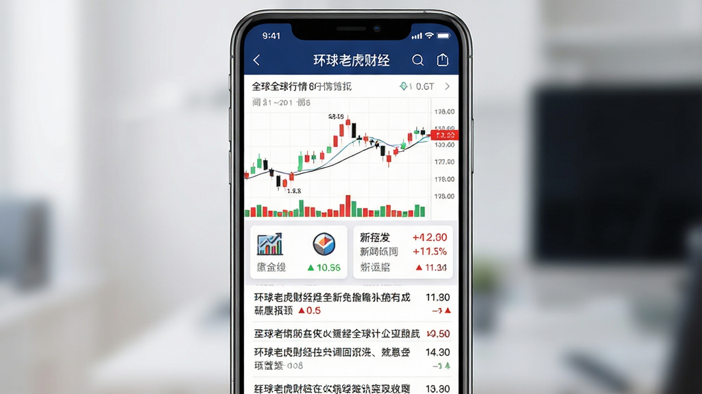 一款名为“环球老虎财经”的手机财经资讯应用展示界面,主体为竖版手机屏幕,屏幕中显示全球股市行情走势图与财经新闻列表,布局采用上下结构,上方为深蓝色导航栏,中间为K线图与数据卡片,下方为滚动新闻条目,排版整齐清晰,风格为现代商务科技感,细节包括红绿涨跌数字、财经图标、时间戳,画质高清,干净,无多余元素